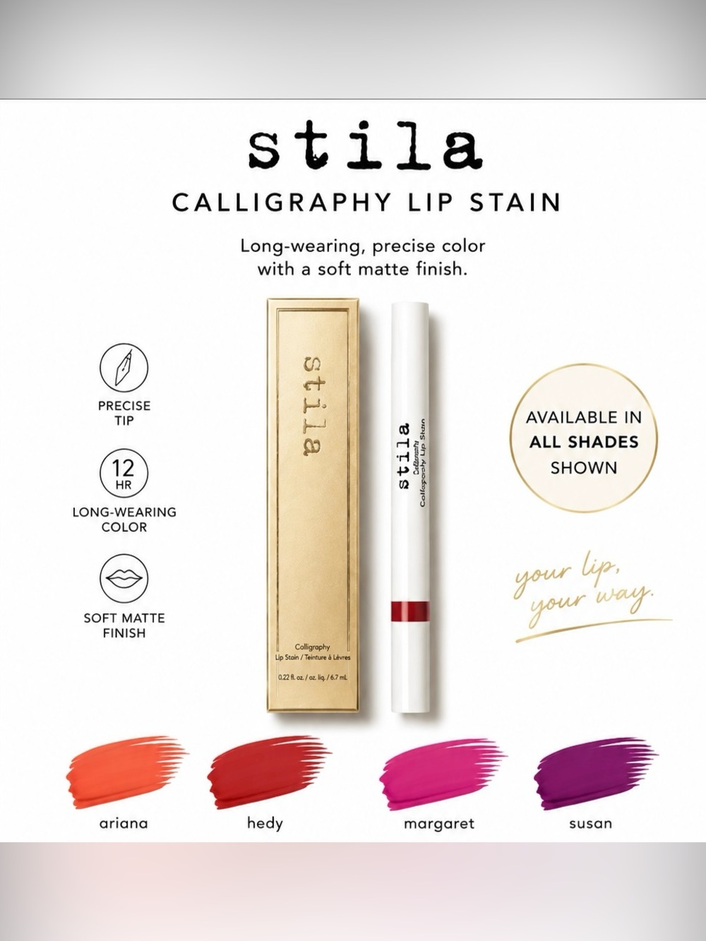 NEW/NIB Stila Calligraphy Lip Stain | Full Size 6.7 mL | Choose Your Shade